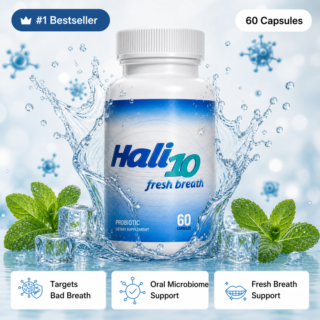 Hali10 fresh breath probiotic bottle with water splash
