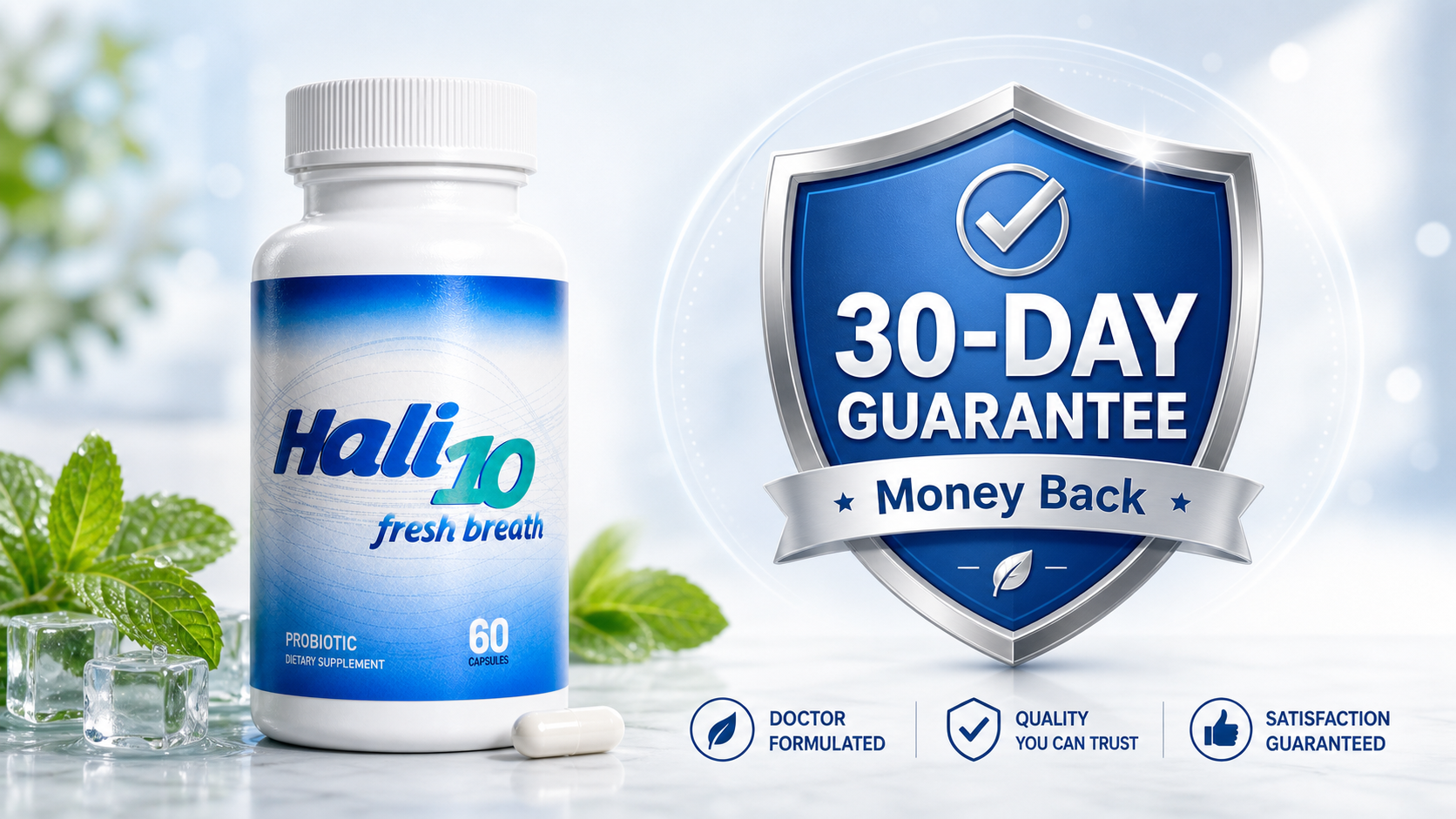 Hali10 bottle beside a 30-day money-back guarantee shield