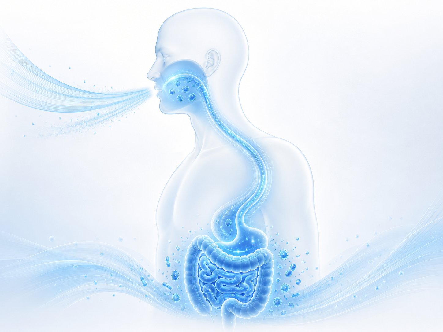 Illustrated oral and gut-breath support pathway with blue microbiome particles