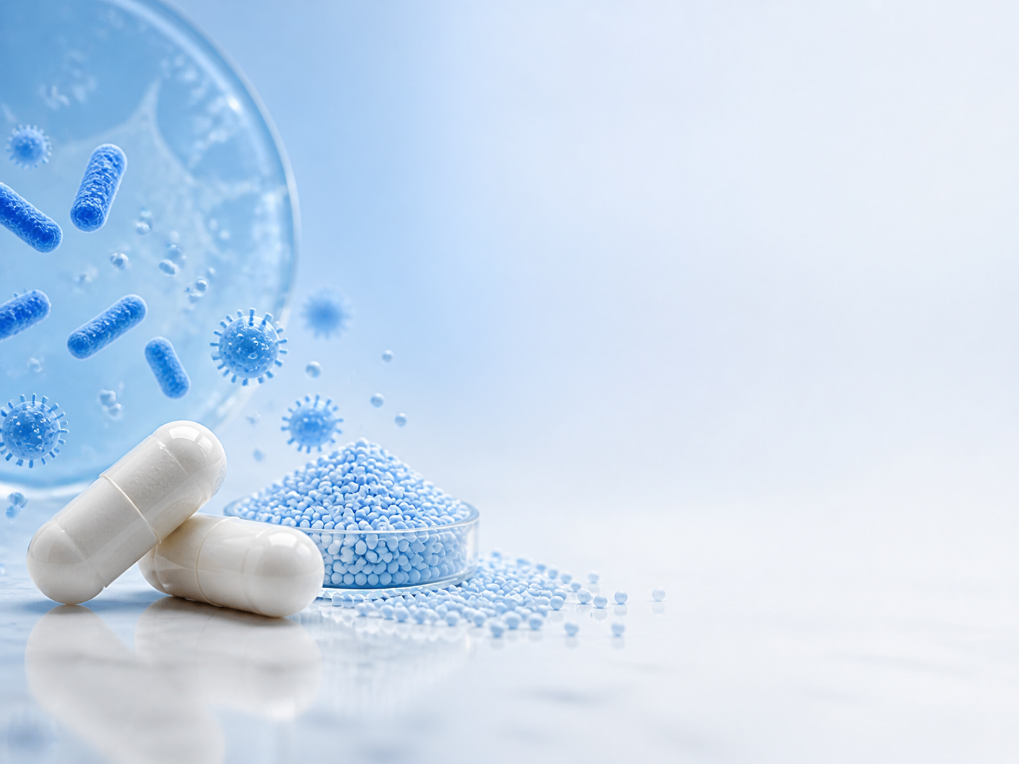 Macro formula visual with white capsules and blue probiotic particles