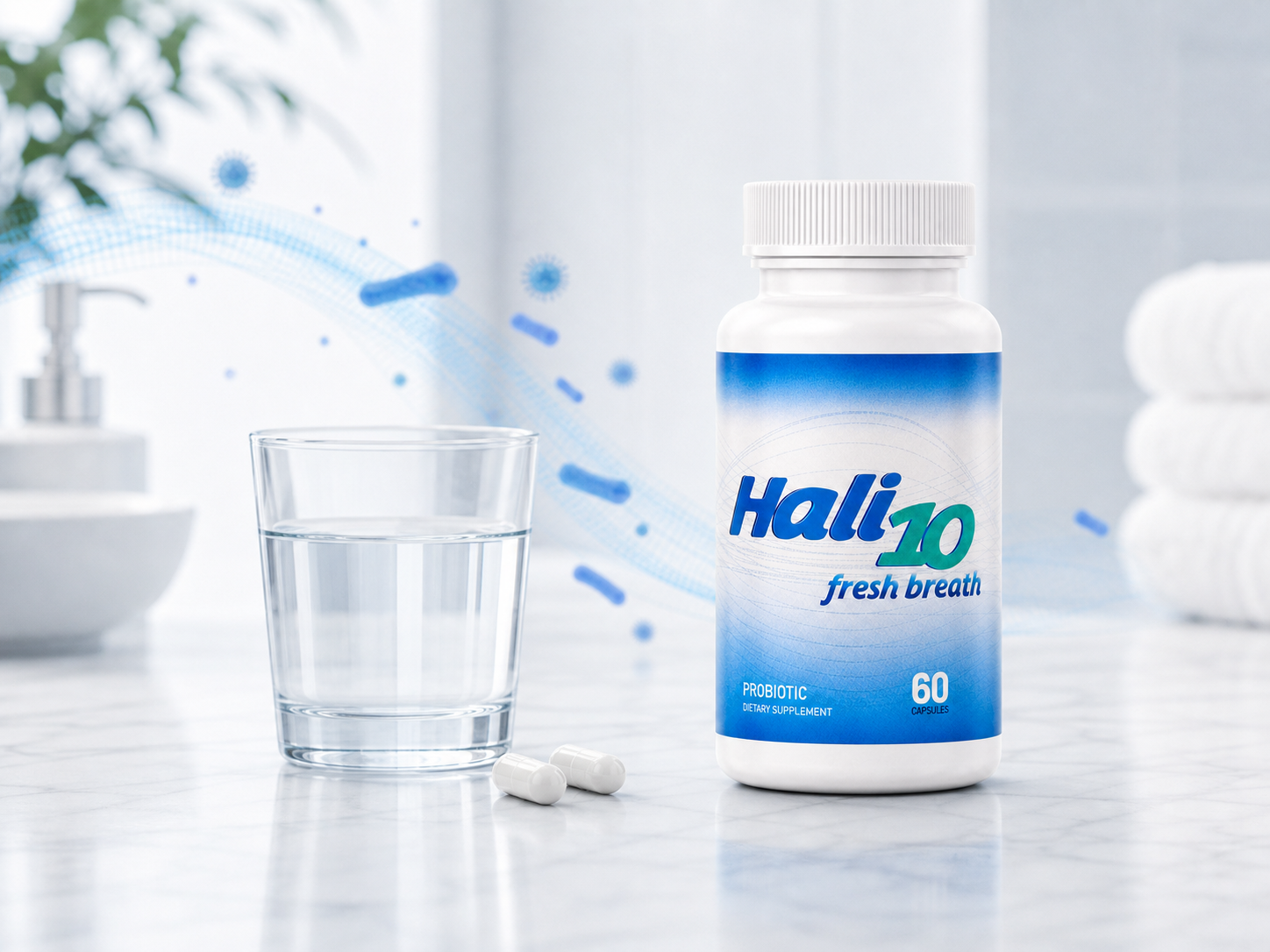 Daily probiotic routine visual with water, capsules and blue microbiome ribbon